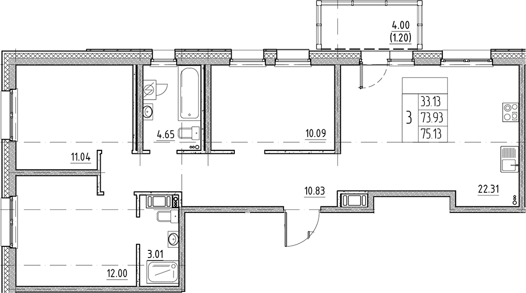 Планировка — Сезоны, 4-комн., 74 м²
