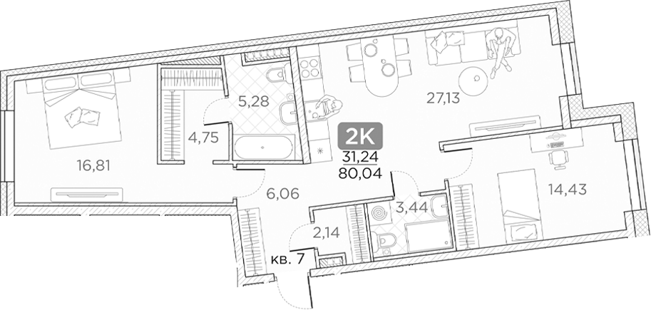 Планировка — Гильдия, 3-комн., 80 м²