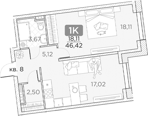 Планировка — Гильдия, 1-комн., 46 м²
