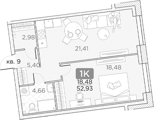 Планировка — Гильдия, 2-комн., 53 м²