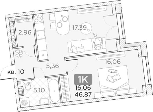 Планировка — Гильдия, 1-комн., 47 м²