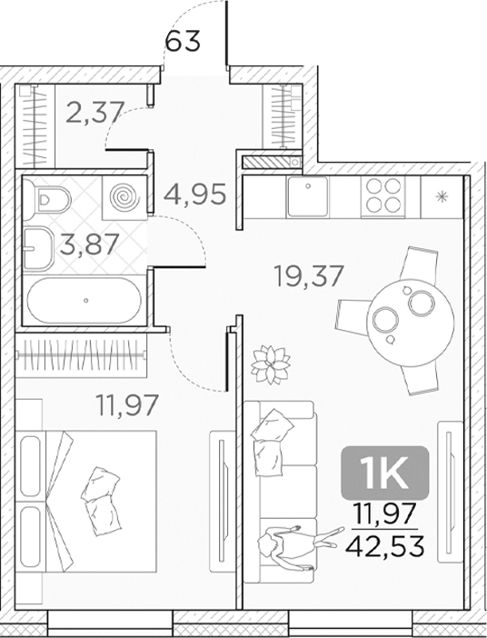 Планировка — Гильдия, 2-комн., 43 м²