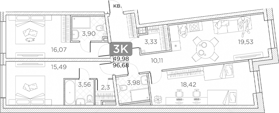 Планировка — Гильдия, 4-комн., 97 м²
