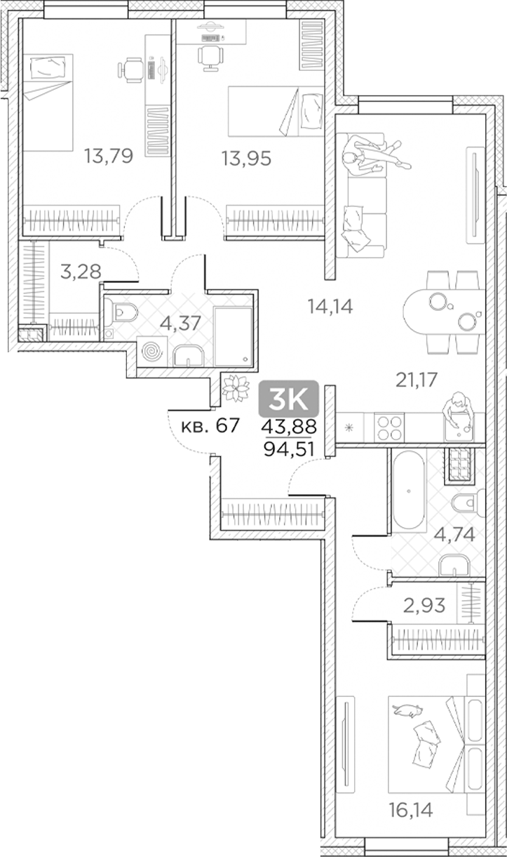 Планировка — Гильдия, 4-комн., 95 м²