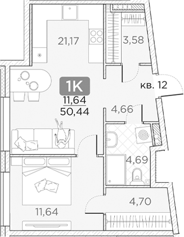 Планировка — Гильдия, 2-комн., 50 м²