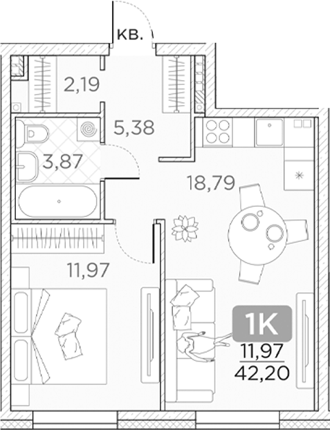 Планировка — Гильдия, 2-комн., 42 м²