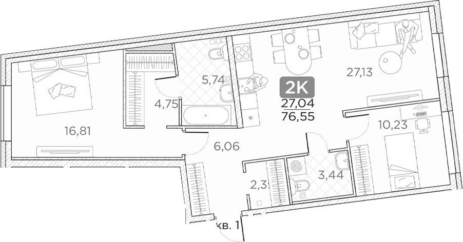 Планировка — Гильдия, 3-комн., 77 м²