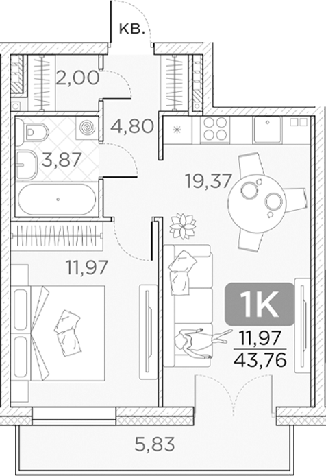 Планировка — Гильдия, 2-комн., 42 м²