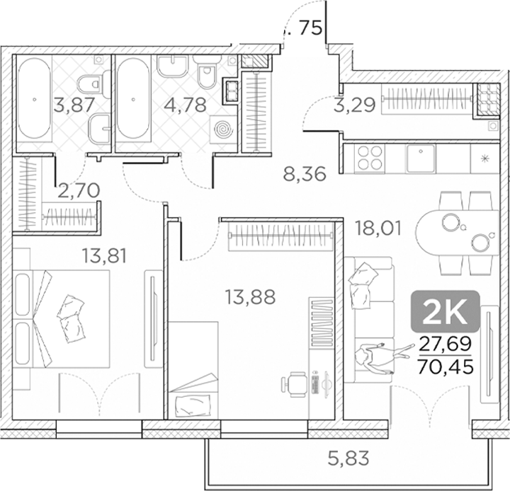 Планировка — Гильдия, 3-комн., 69 м²