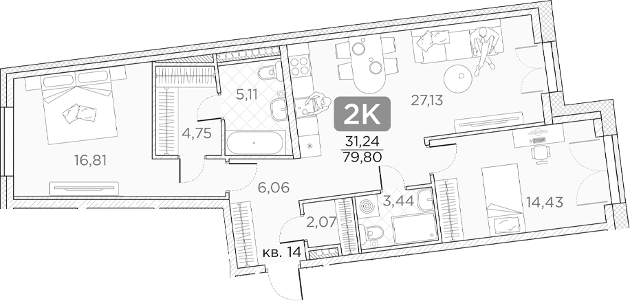 Планировка — Гильдия, 3-комн., 80 м²