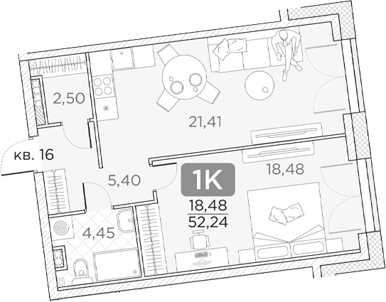 Планировка — Гильдия, 2-комн., 52 м²