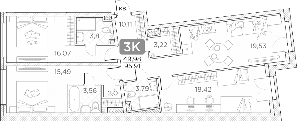 Планировка — Гильдия, 4-комн., 96 м²