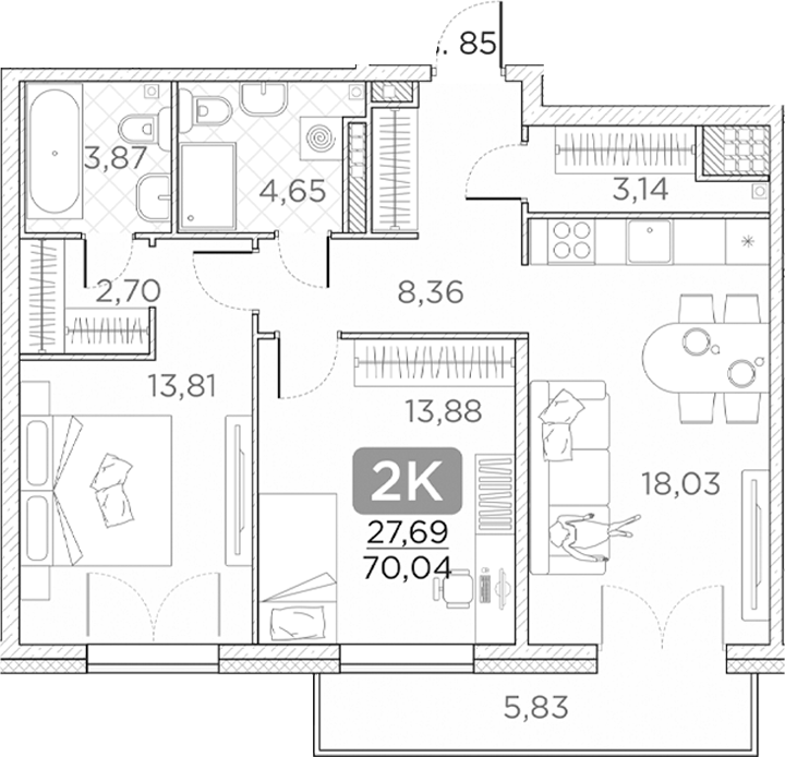 Планировка — Гильдия, 3-комн., 68 м²