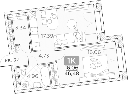 Планировка — Гильдия, 1-комн., 46 м²