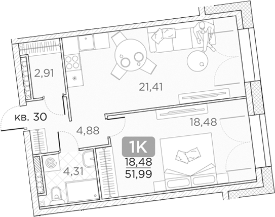 Планировка — Гильдия, 2-комн., 52 м²
