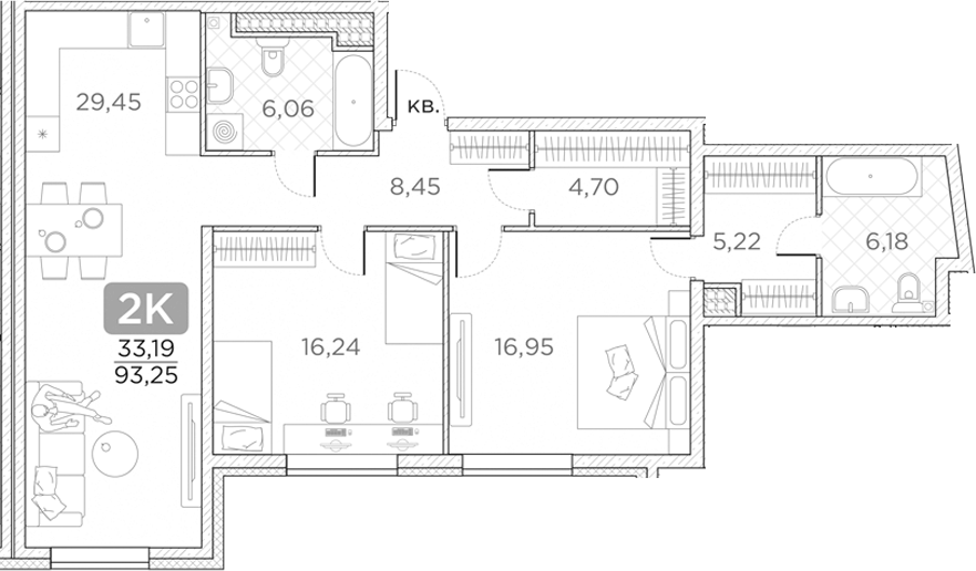 Планировка — Гильдия, 3-комн., 93 м²