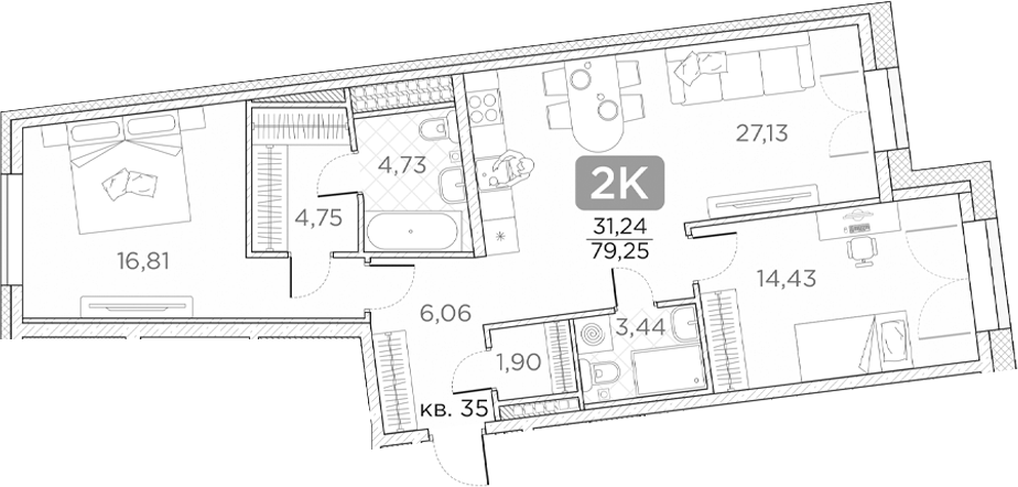 Планировка — Гильдия, 3-комн., 79 м²