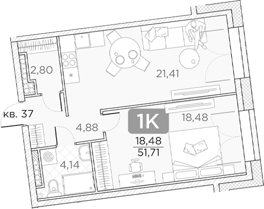 Планировка — Гильдия, 2-комн., 52 м²