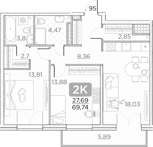 Планировка — Гильдия, 3-комн., 68 м²