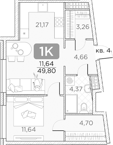 Планировка — Гильдия, 2-комн., 50 м²
