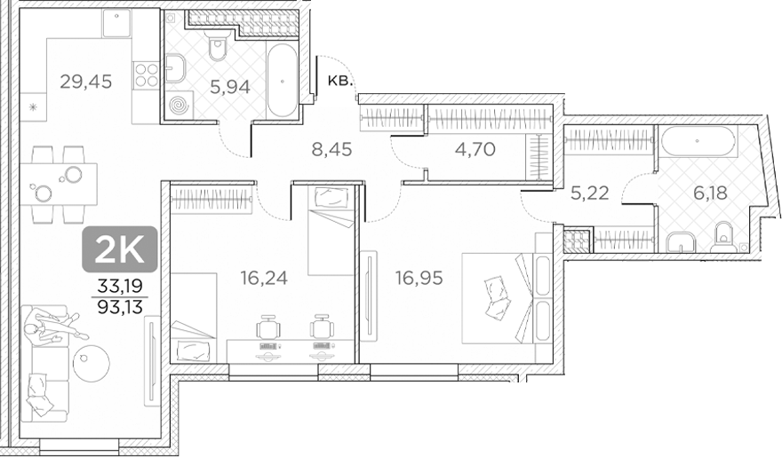 Планировка — Гильдия, 3-комн., 93 м²
