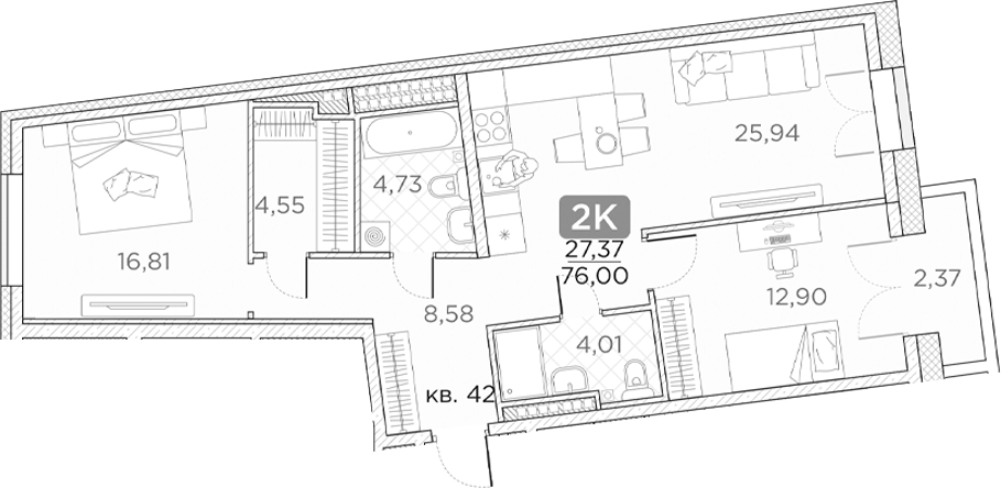 Планировка — Гильдия, 3-комн., 75 м²