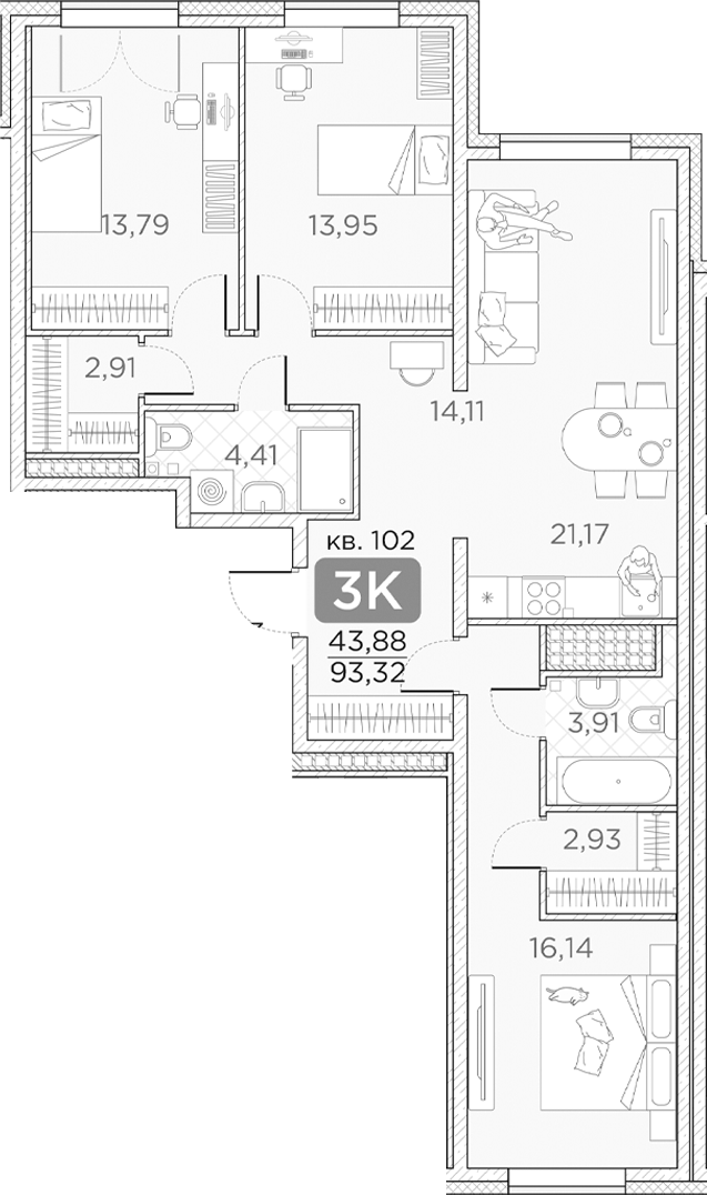 Планировка — Гильдия, 4-комн., 93 м²