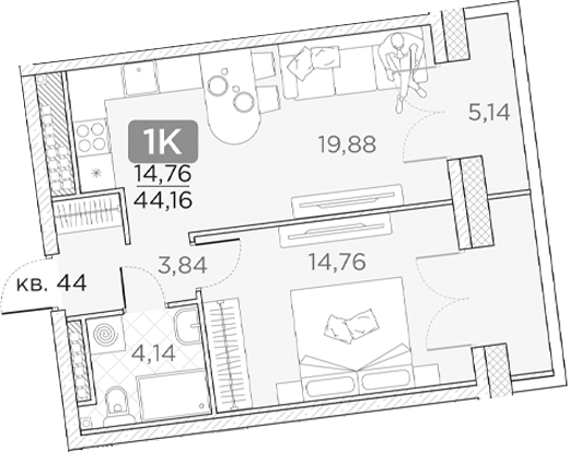 Планировка — Гильдия, 2-комн., 43 м²