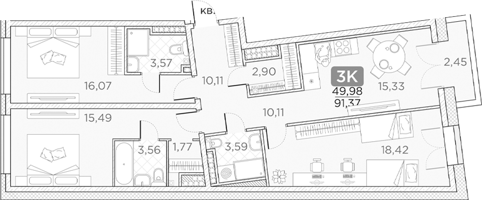 Планировка — Гильдия, 3-комн., 91 м²