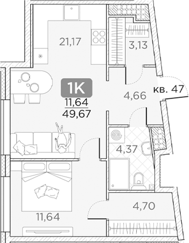 Планировка — Гильдия, 2-комн., 50 м²