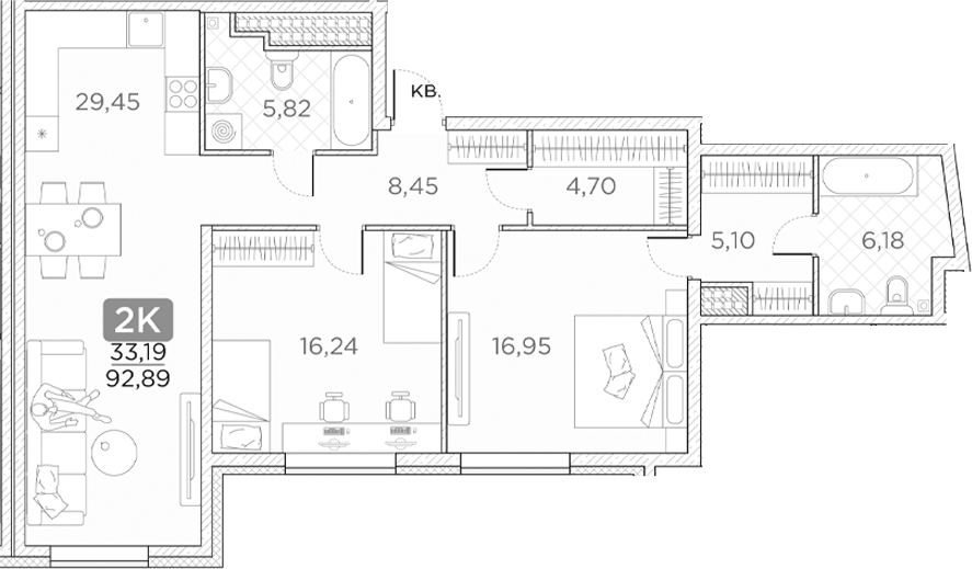 Планировка — Гильдия, 3-комн., 93 м²