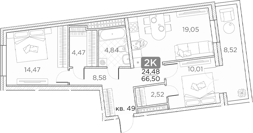 Планировка — Гильдия, 3-комн., 64 м²