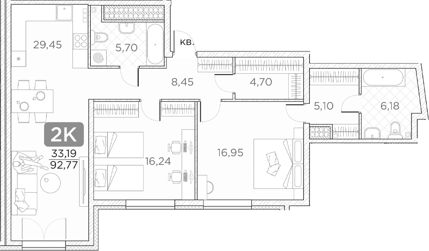 Планировка — Гильдия, 3-комн., 93 м²