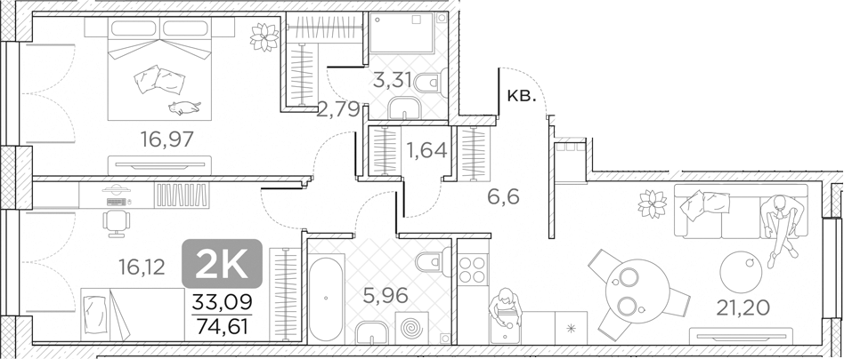 Планировка — Гильдия, 3-комн., 75 м²