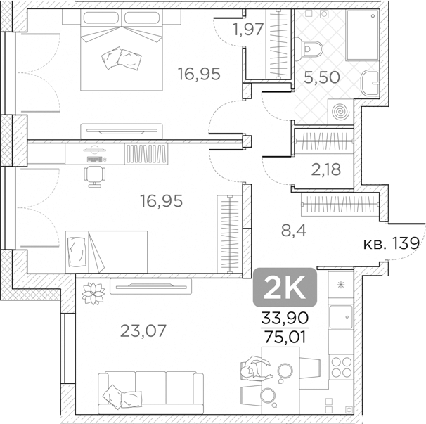 Планировка — Гильдия, 3-комн., 75 м²