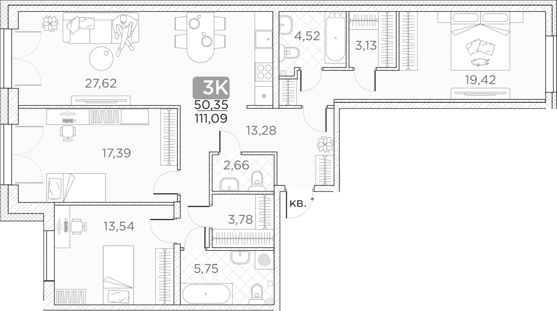 Планировка — Гильдия, 4-комн., 111 м²