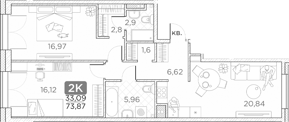 Планировка — Гильдия, 3-комн., 74 м²