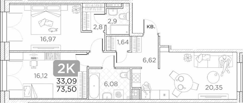 Планировка — Гильдия, 3-комн., 74 м²