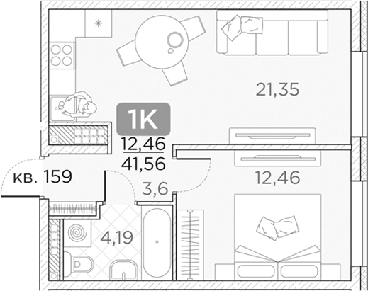 Планировка — Гильдия, 1-комн., 42 м²