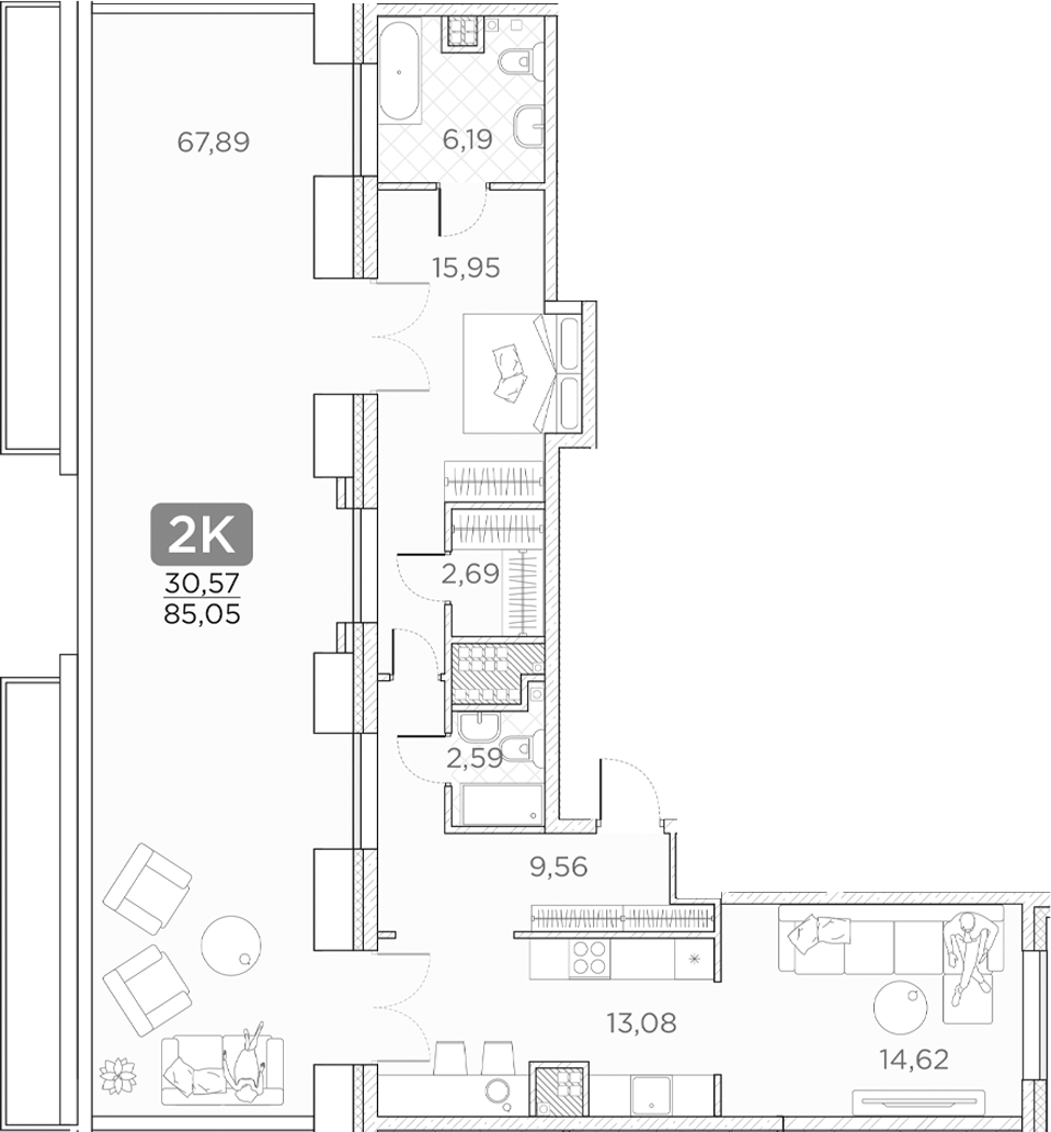 Планировка — Гильдия, 2-комн., 65 м²