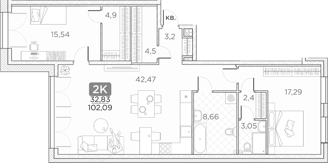 Планировка — Гильдия, 3-комн., 102 м²