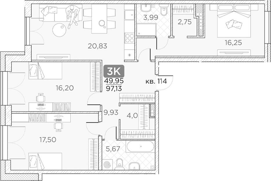 Планировка — Гильдия, 4-комн., 97 м²