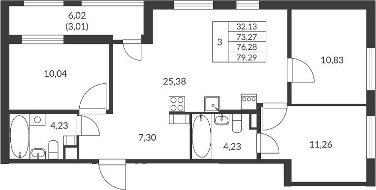 Планировка — Амурино, 3-комн., 73 м²