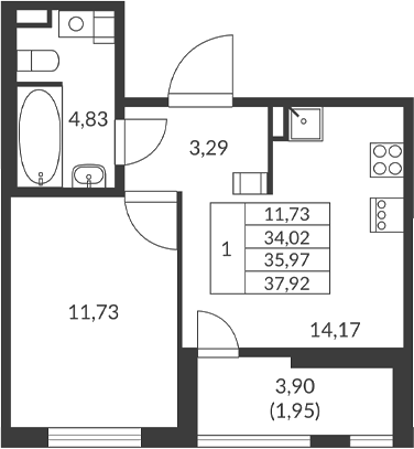 Планировка — Амурино, 1-комн., 34 м²