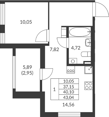 Планировка — Амурино, 1-комн., 37 м²