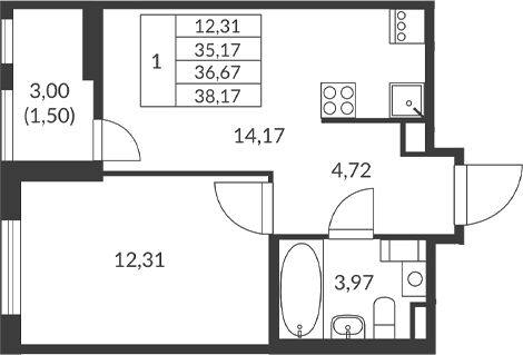 Планировка — Амурино, 1-комн., 35 м²