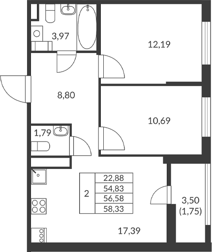 Планировка — Амурино, 2-комн., 55 м²