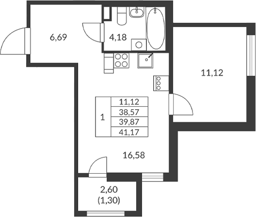 Планировка — Амурино, 1-комн., 39 м²