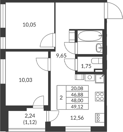 Планировка — Амурино, 2-комн., 47 м²