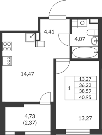 Планировка — Амурино, 1-комн., 36 м²
